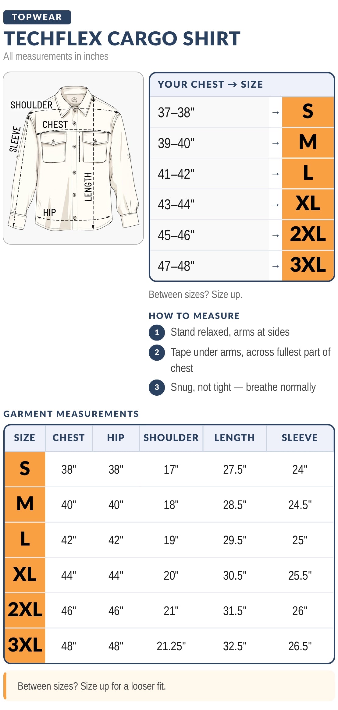Men's TechFlex Cargo Shirt size chart