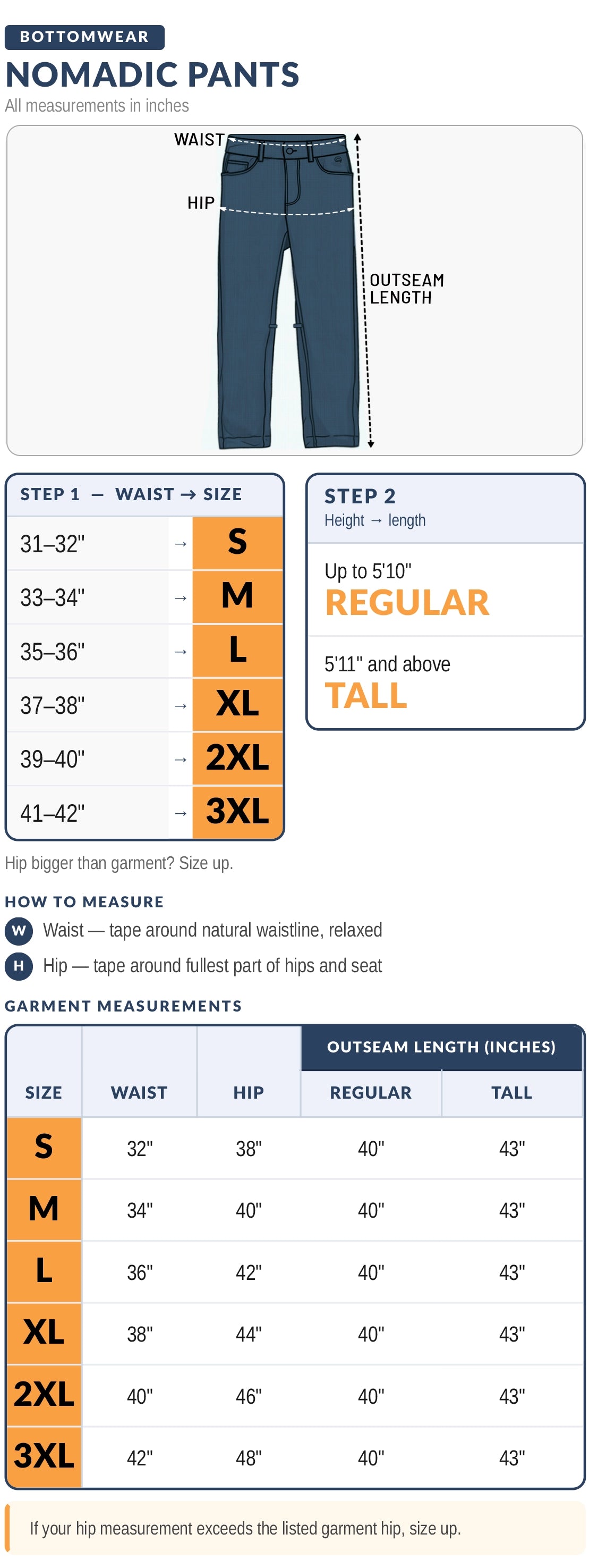 Nomadic Pants size chart