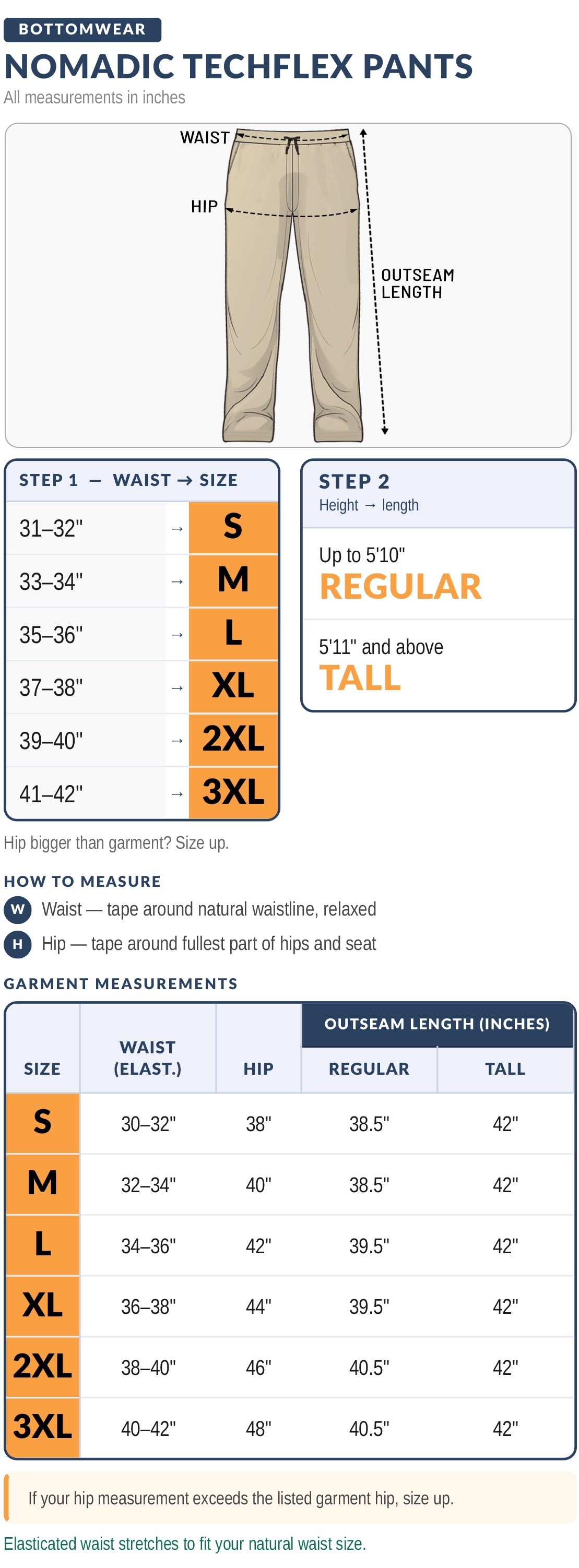 Nomadic TechFlex Pants size chart