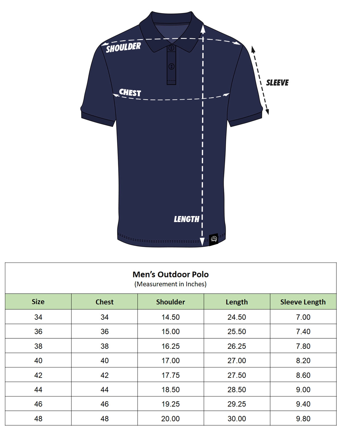 Reccy Men's Navy Blue Polo T-Shirt size chart