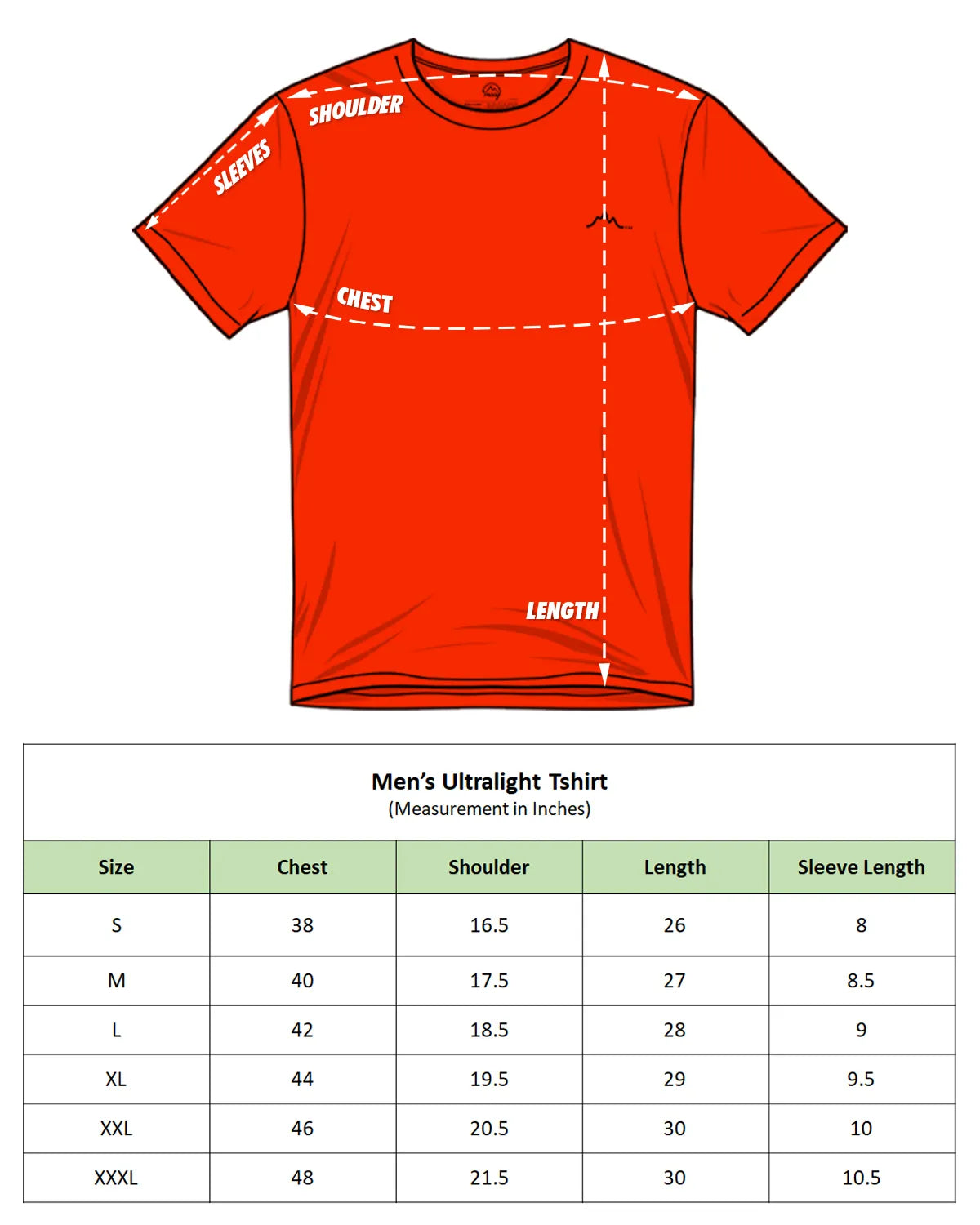 Reccy Men's Ultralight Athletic T-Shirt size chart