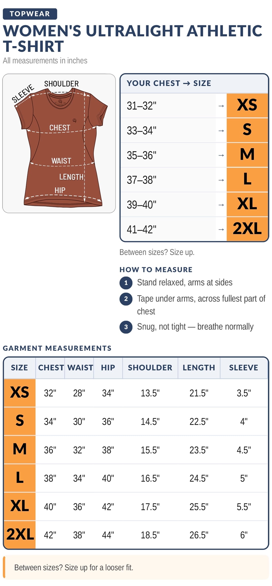 Reccy Women's Ultralight Athletic T-Shirt size chart