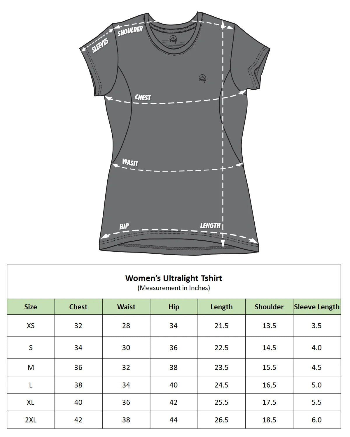 Reccy Women's Ultralight Athletic T-Shirt size chart