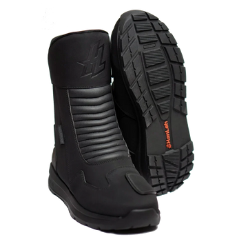 HanLeh Tourer motorcycle touring boots, pair shown with outsole tread visible