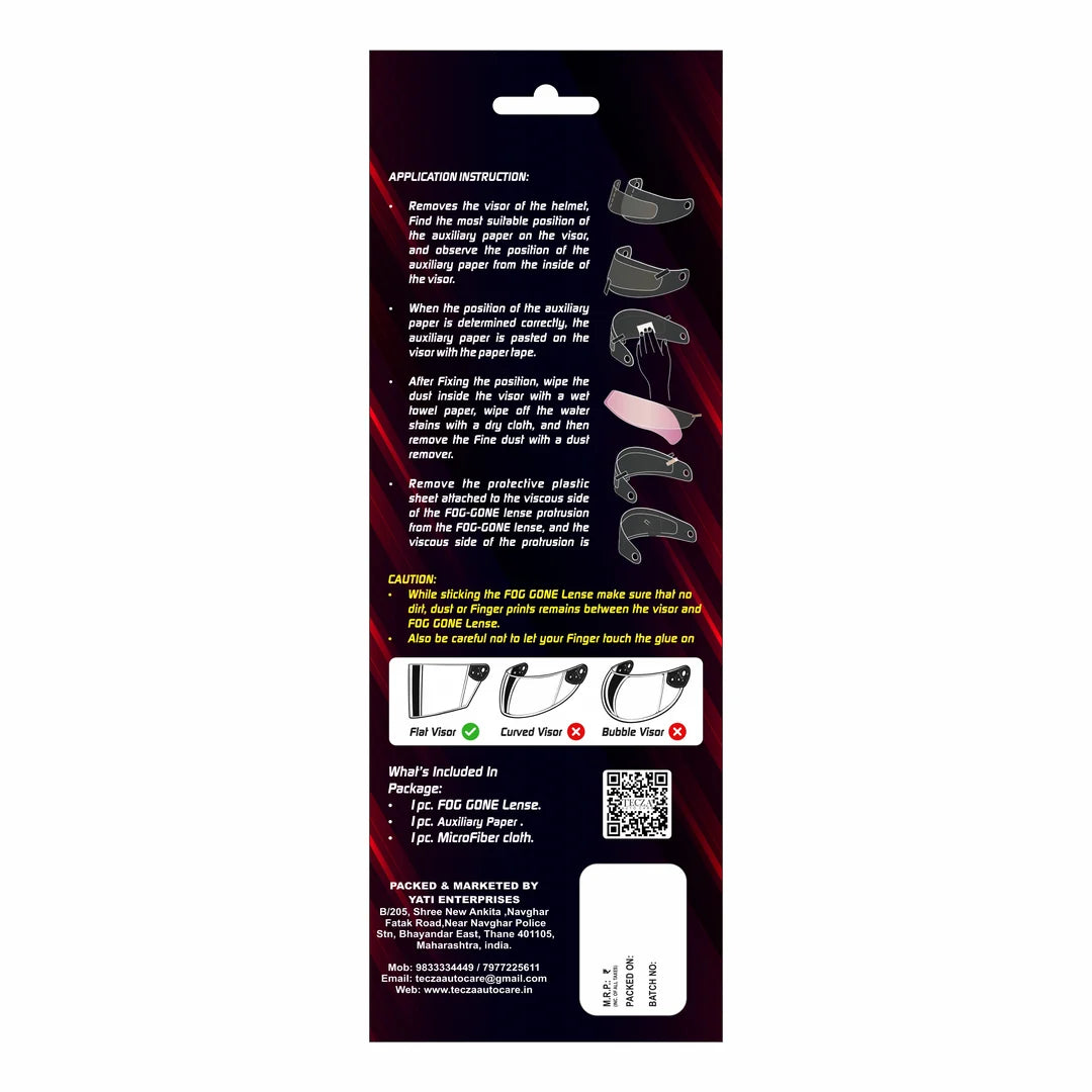 TECZA Fog Gone lens back packaging with visor shape compatibility information