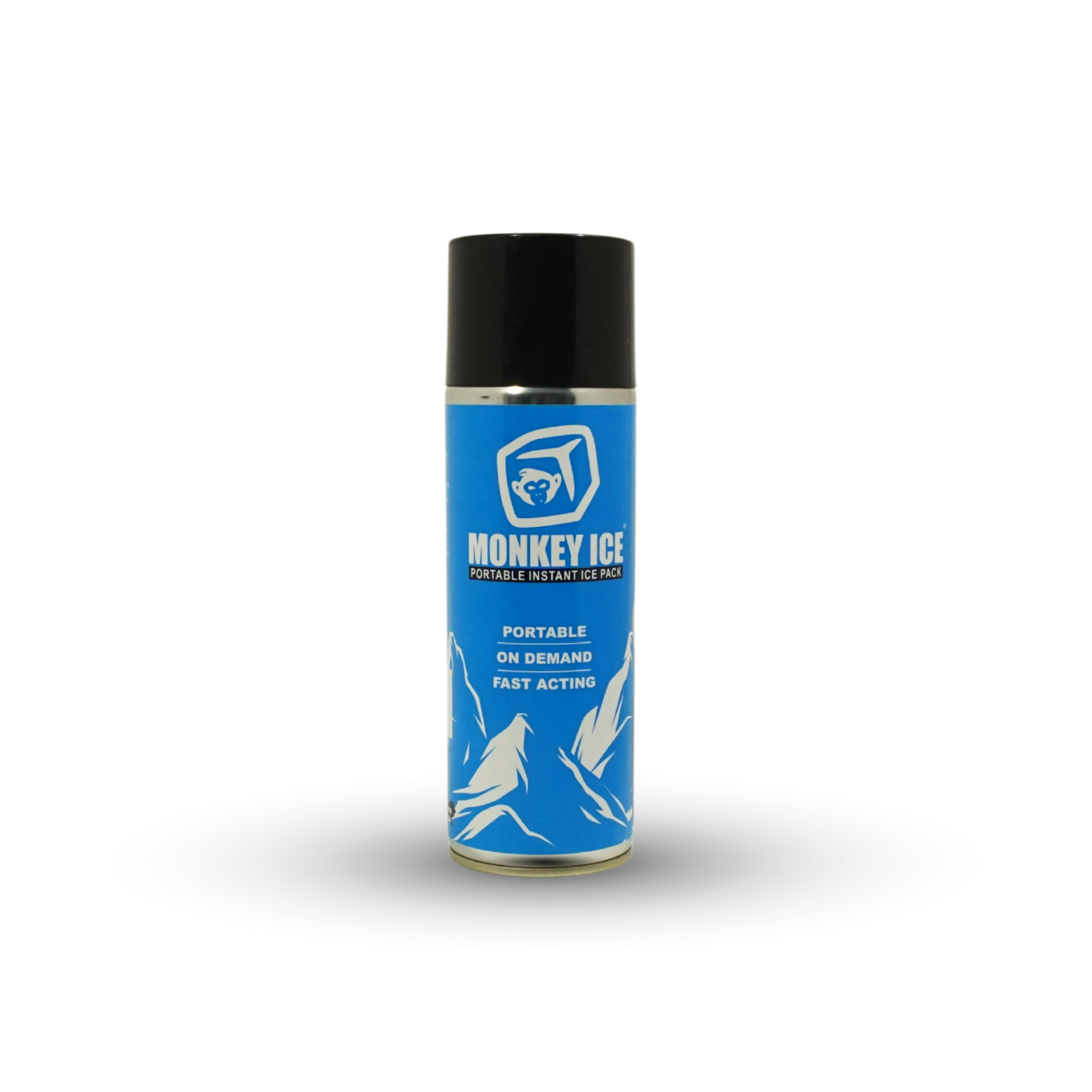 Monkey Ice Replacement Spray, a blue-labelled 400 ml aerosol can of Monkey Ice portable instant ice pack spray with black cap, on a white background.