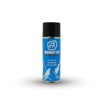 Monkey Ice Replacement Spray, a blue-labelled 400 ml aerosol can of Monkey Ice portable instant ice pack spray with black cap, on a white background.