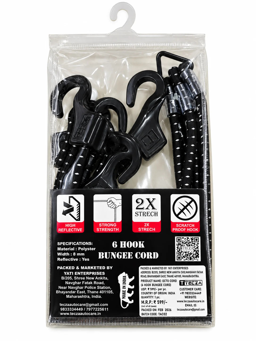 TECZA Octo Cord Reflective 6-Hook rear packaging