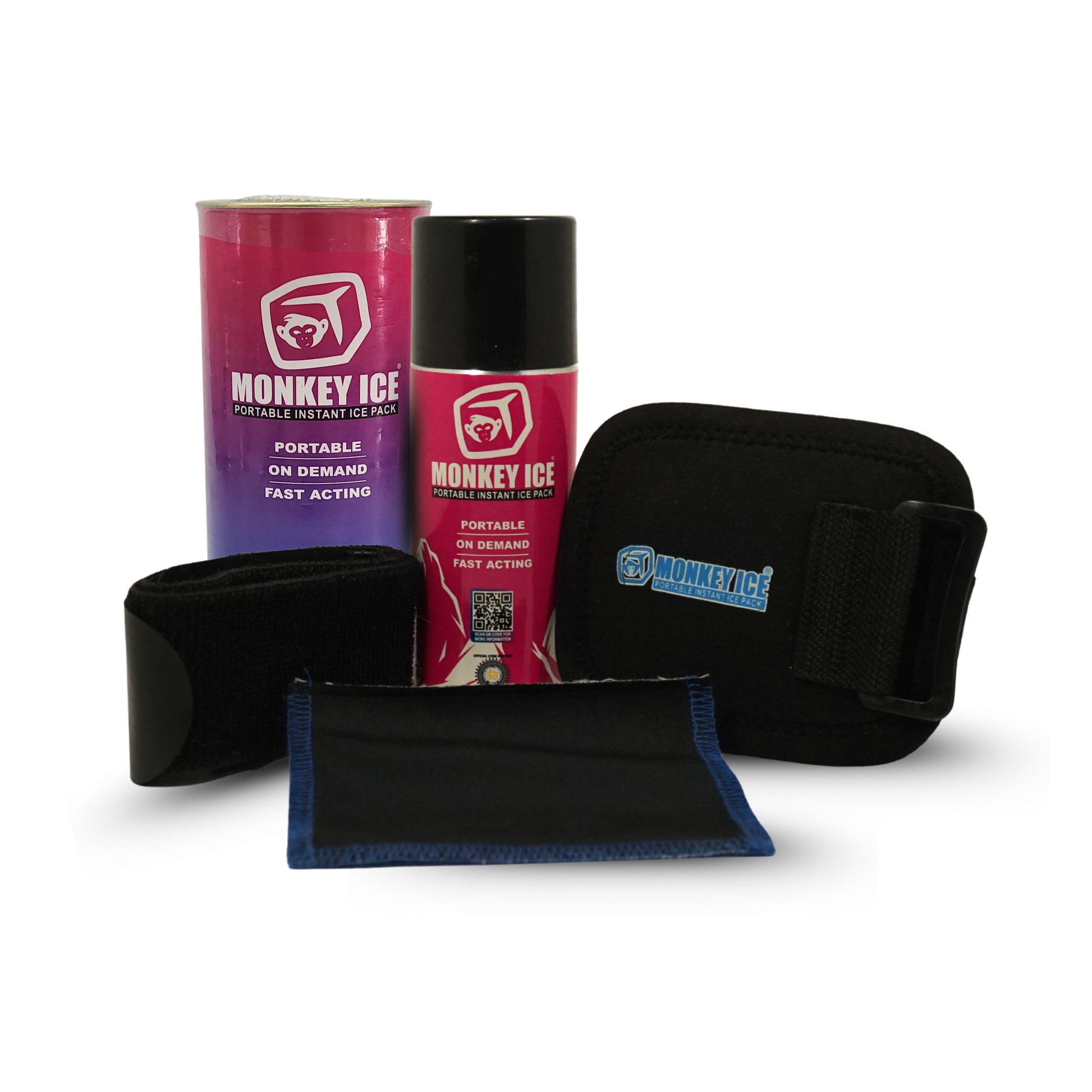 Monkey Ice Portable Cold Application Kit 200 contents: aerosol instant-ice-pack can, black neoprene compression wrap with hook-and-loop closure, and a soft ice-pad pouch, all branded Monkey Ice, on a white background.