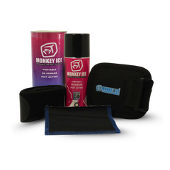 Monkey Ice Portable Cold Application Kit 200 contents: aerosol instant-ice-pack can, black neoprene compression wrap with hook-and-loop closure, and a soft ice-pad pouch, all branded Monkey Ice, on a white background.