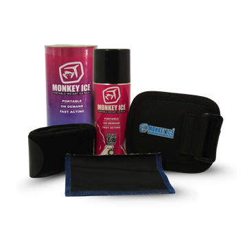Monkey Ice Portable Cold Application Kit 200 contents: aerosol instant-ice-pack can, black neoprene compression wrap with hook-and-loop closure, and a soft ice-pad pouch, all branded Monkey Ice, on a white background.