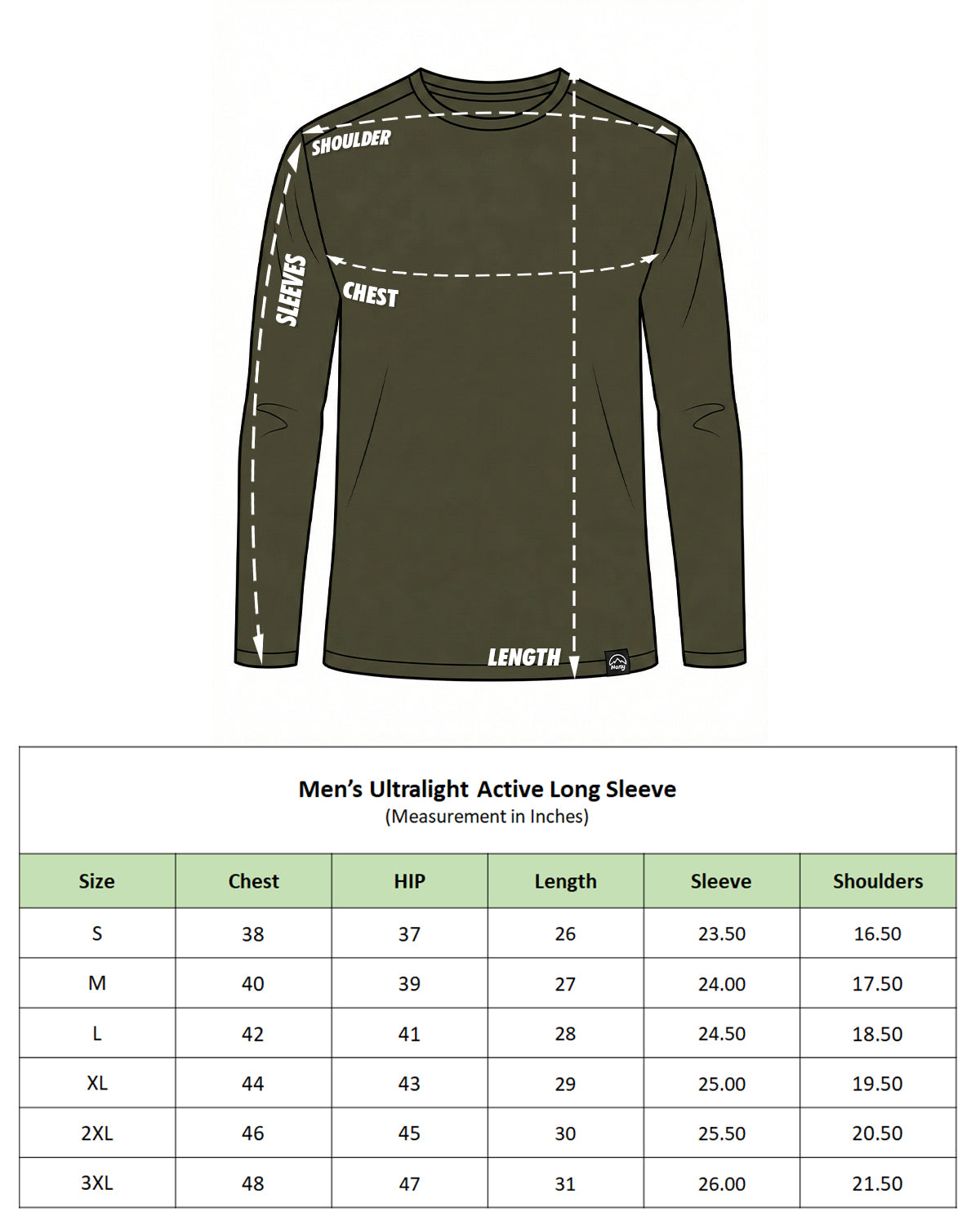 Ultralight Active Long Sleeve T-Shirt size chart