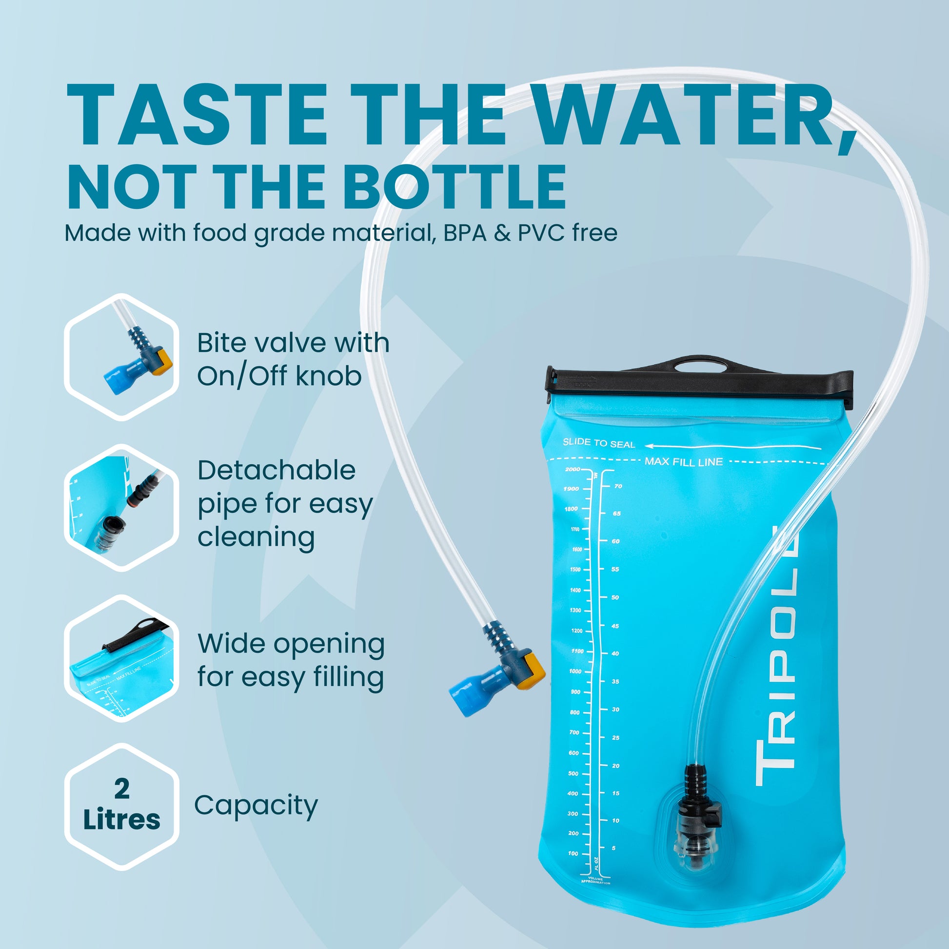 Tripole Hydration Bladder 2L - Features infographic