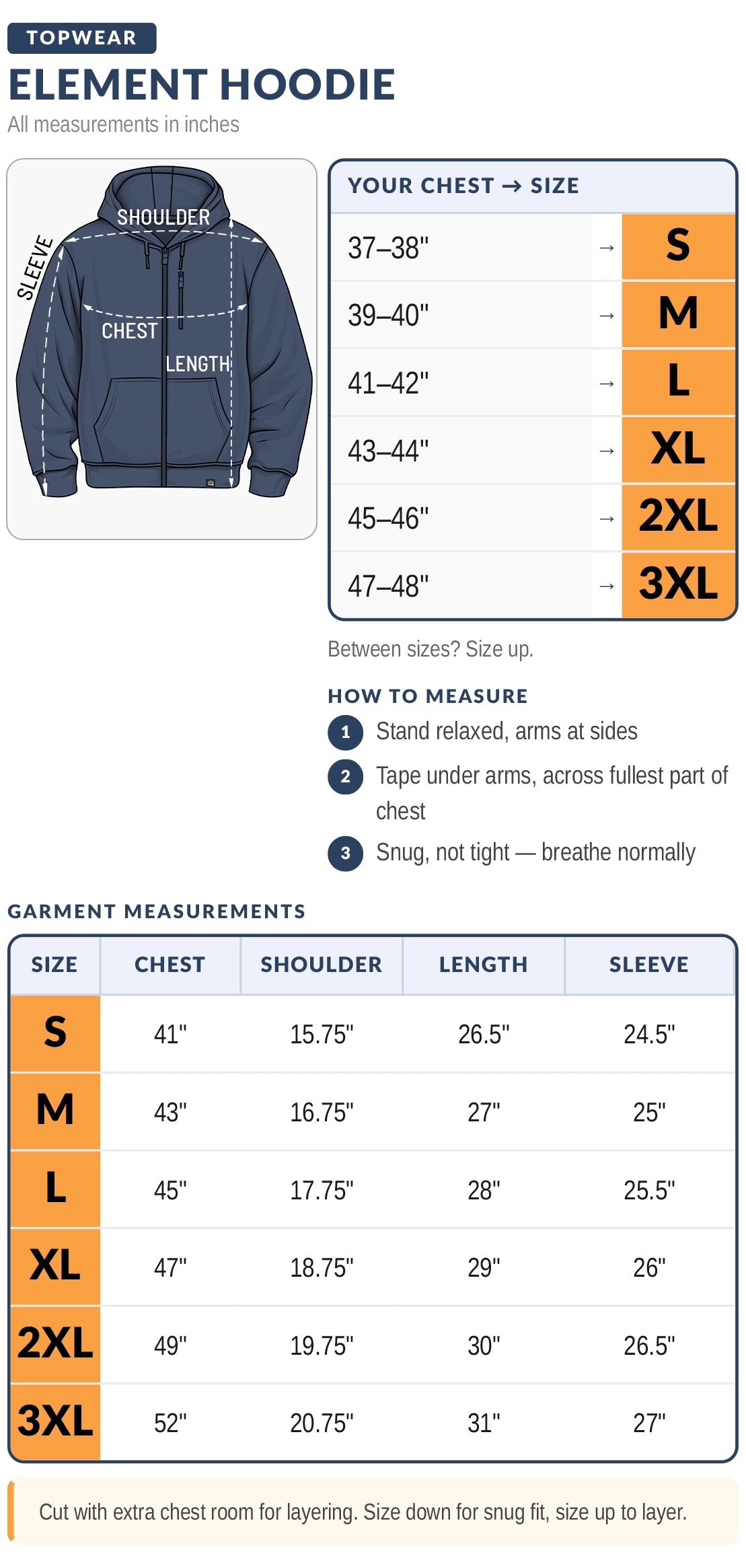 Men's Element Hoodie size chart