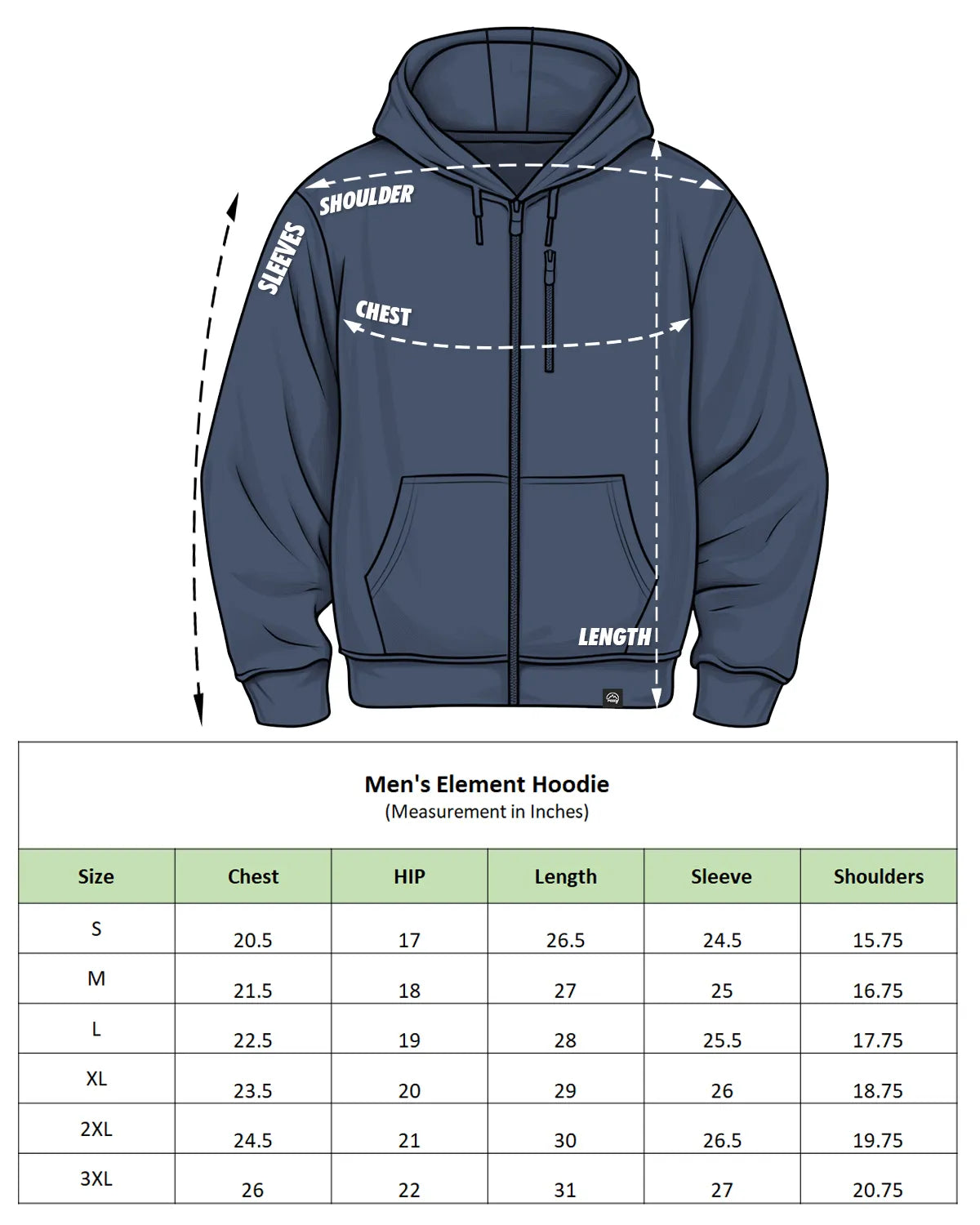 Men's Element Hoodie size chart