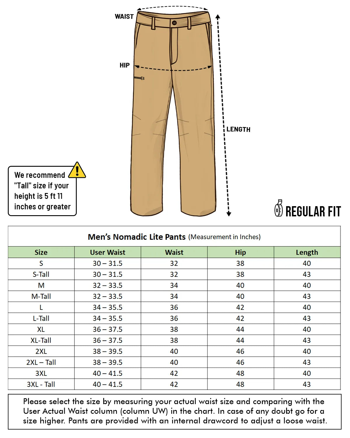Nomadic Lite Pants size chart