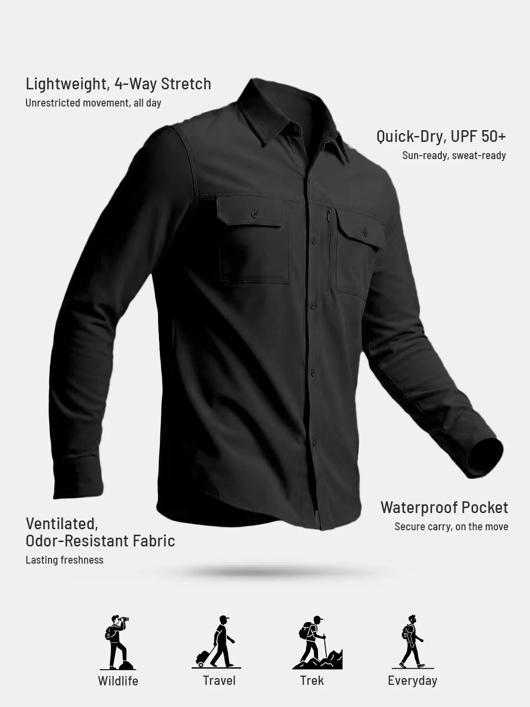 Men's TechFlex Cargo Shirt in Black, front view