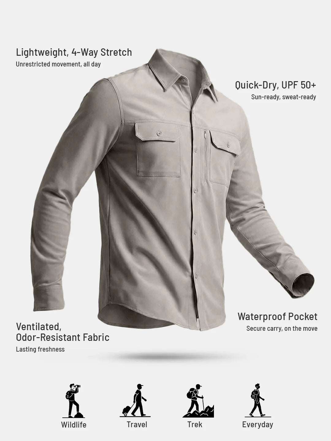 Men's TechFlex Cargo Shirt in Light Gray, front view