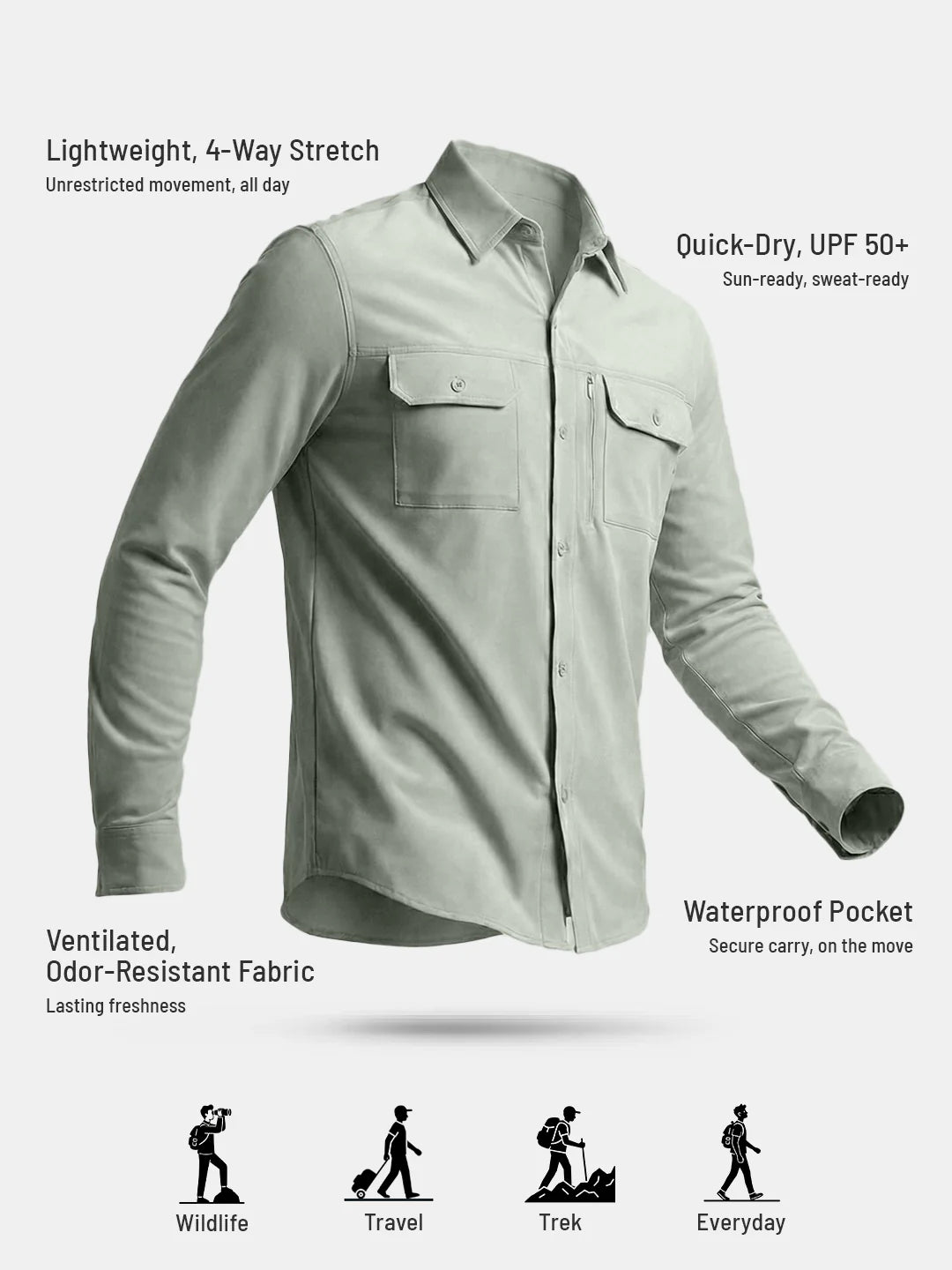 Men's TechFlex Cargo Shirt in Sage Green, front view