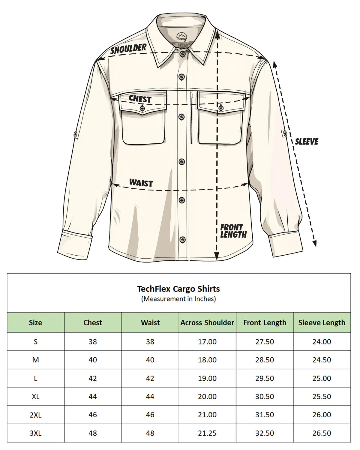 Men's TechFlex Cargo Shirt size chart