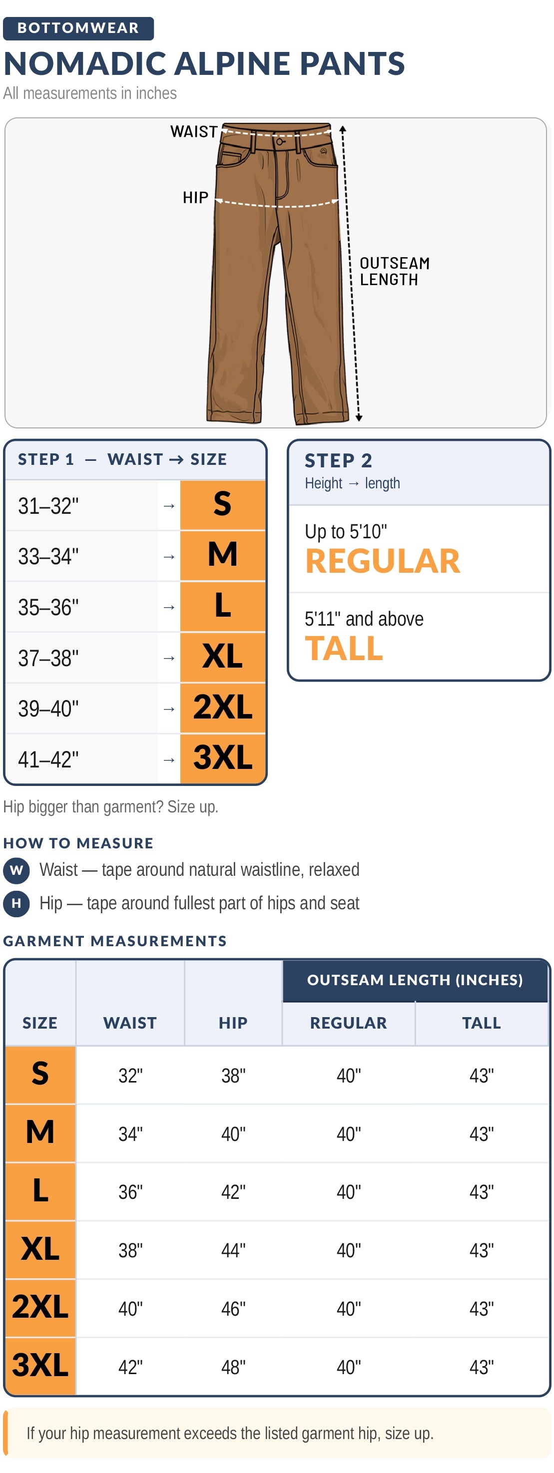 Nomadic Alpine Pants size chart