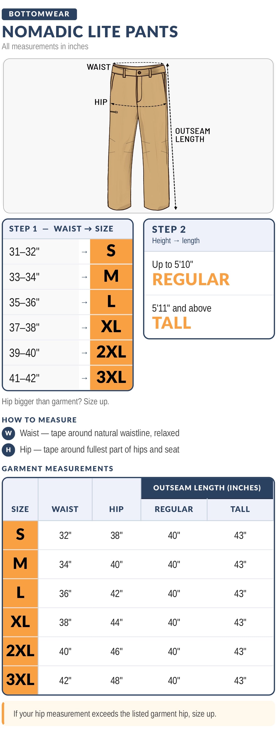 Nomadic Lite Pants size chart