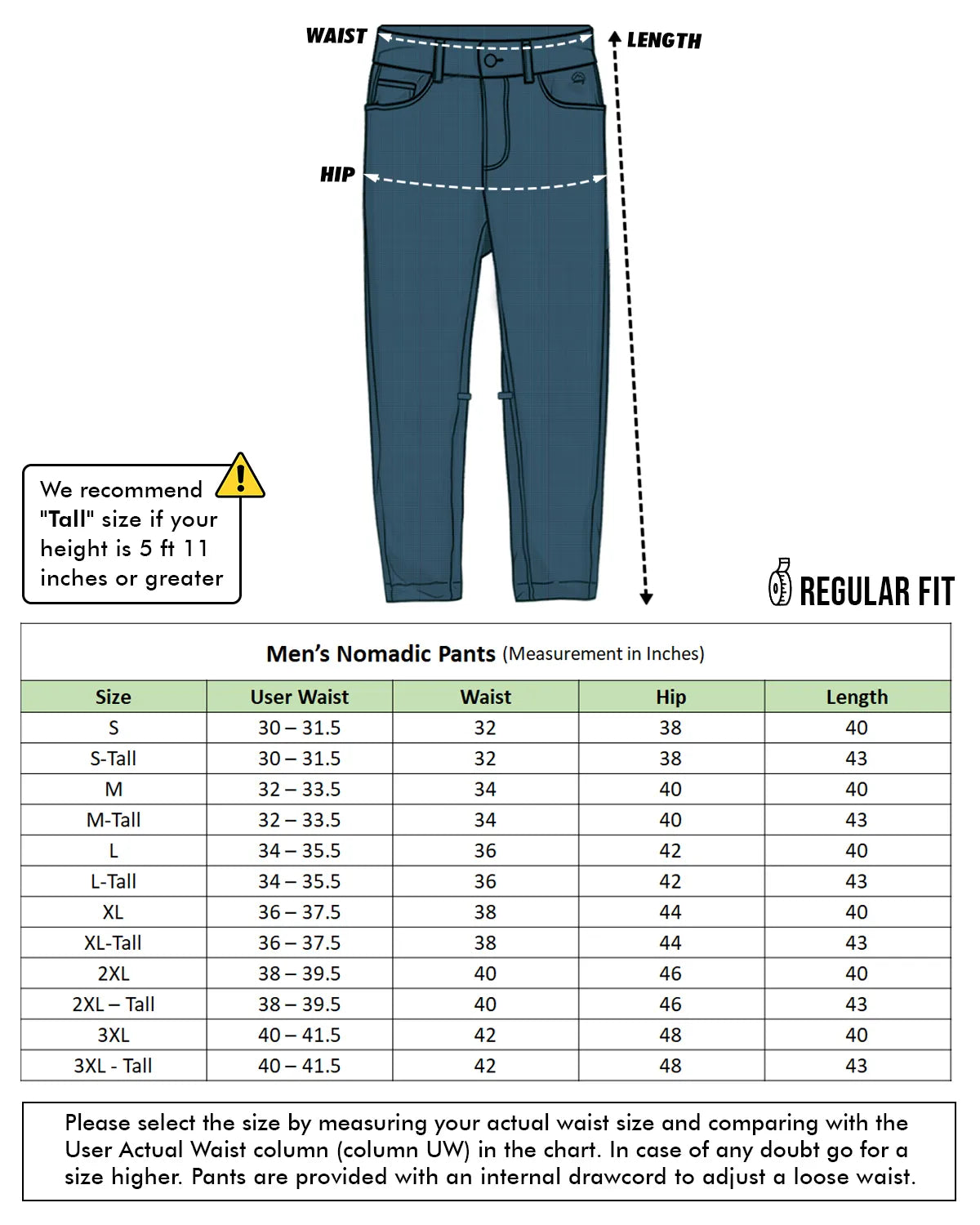 Nomadic Pants size chart