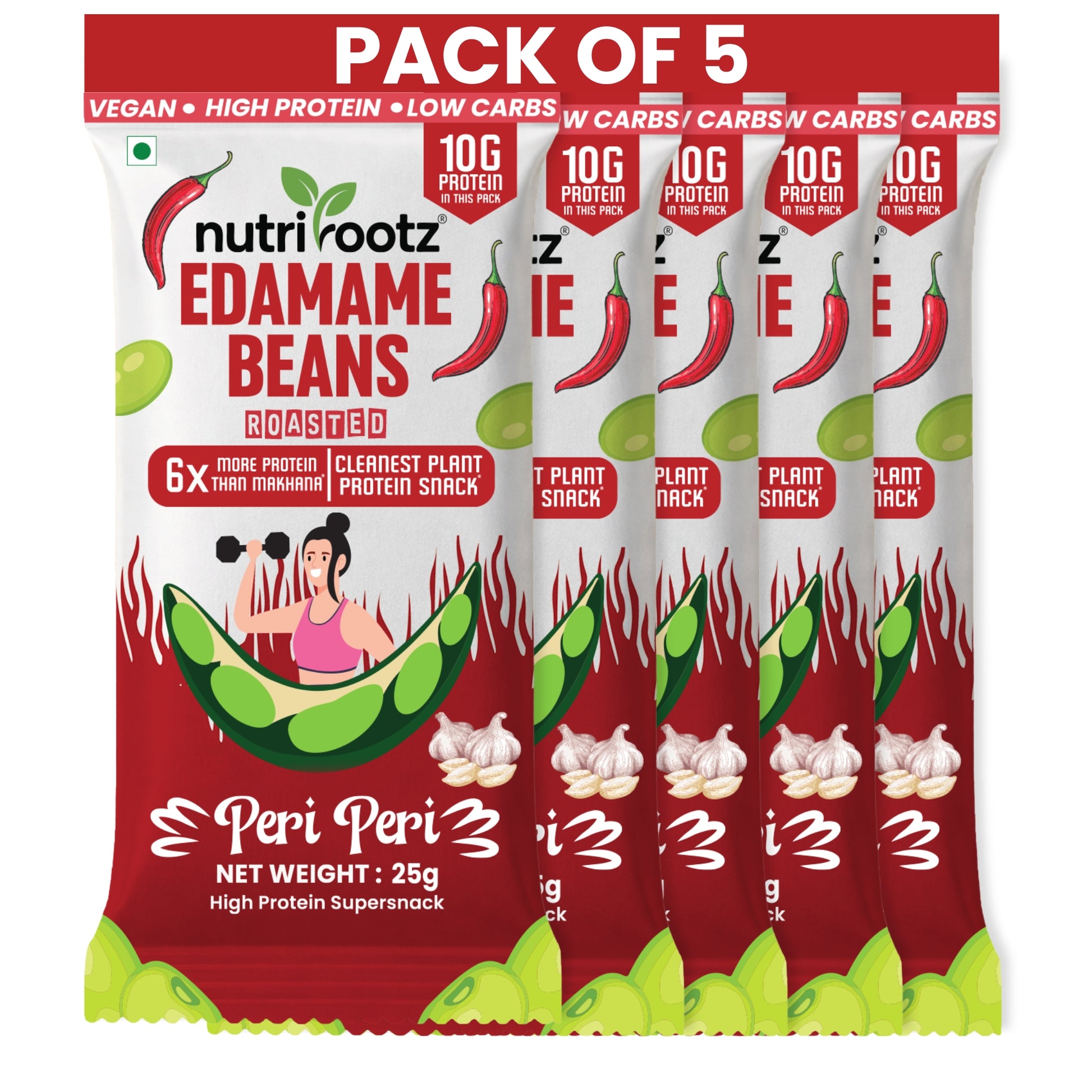 Nutrirootz Roasted Edamame Beans Peri Peri Pack of 5 x 25g