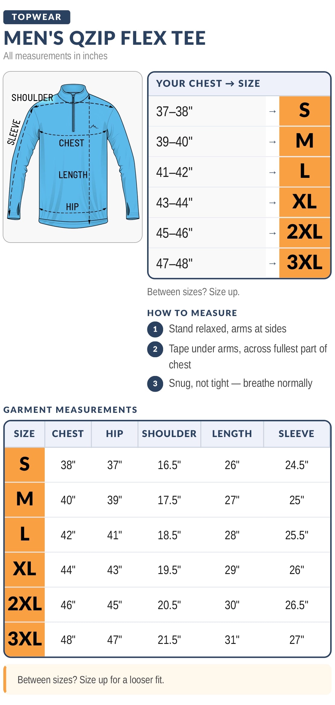 Reccy Men's Qzip Flex Tee size chart