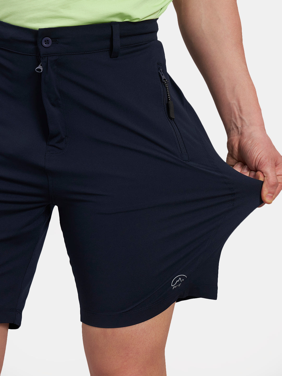 Reccy Men's TechFlex Shorts in Dark Navy, stretch fabric detail