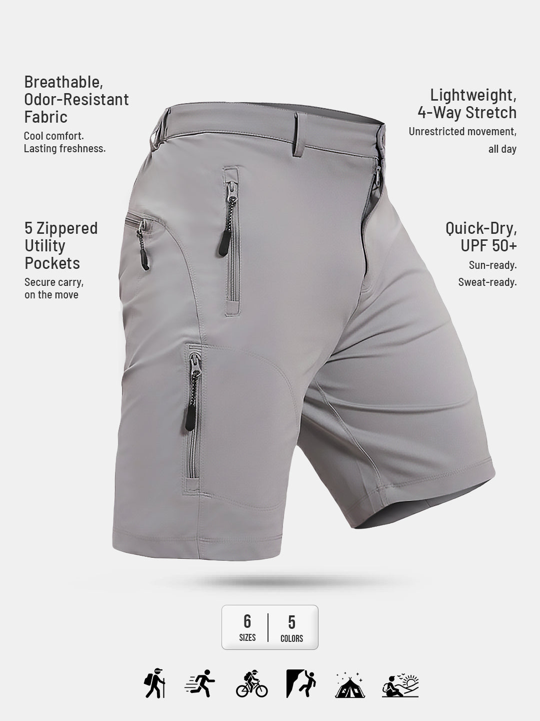 Reccy Men's TechFlex Shorts in Light Gray, studio product shot, isolated