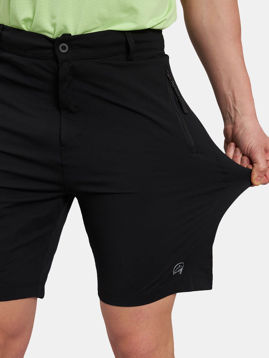 Reccy Men's TechFlex Shorts in Midnight Black, stretch fabric detail