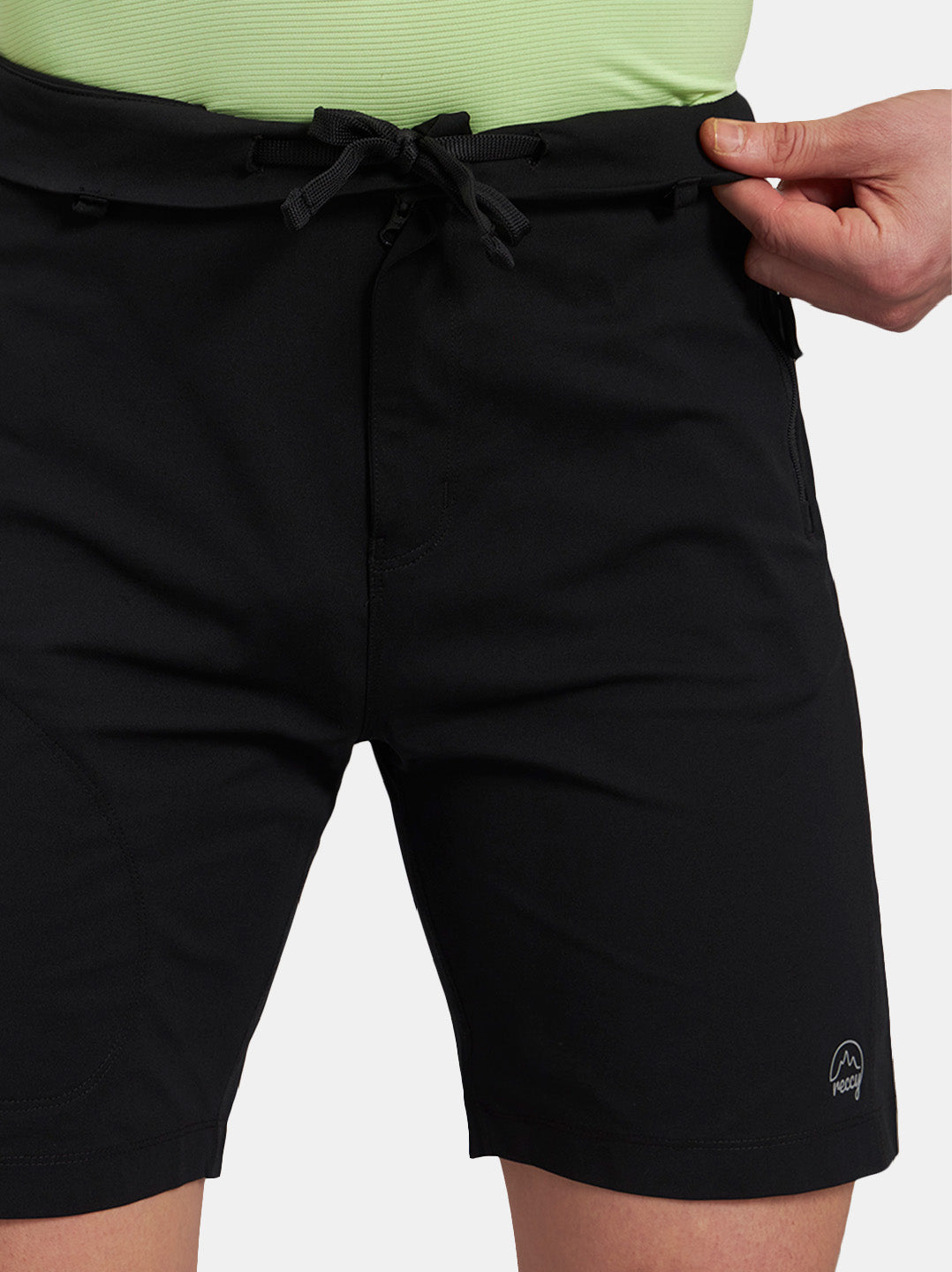 Reccy Men's TechFlex Shorts in Midnight Black, waistband and drawstring detail