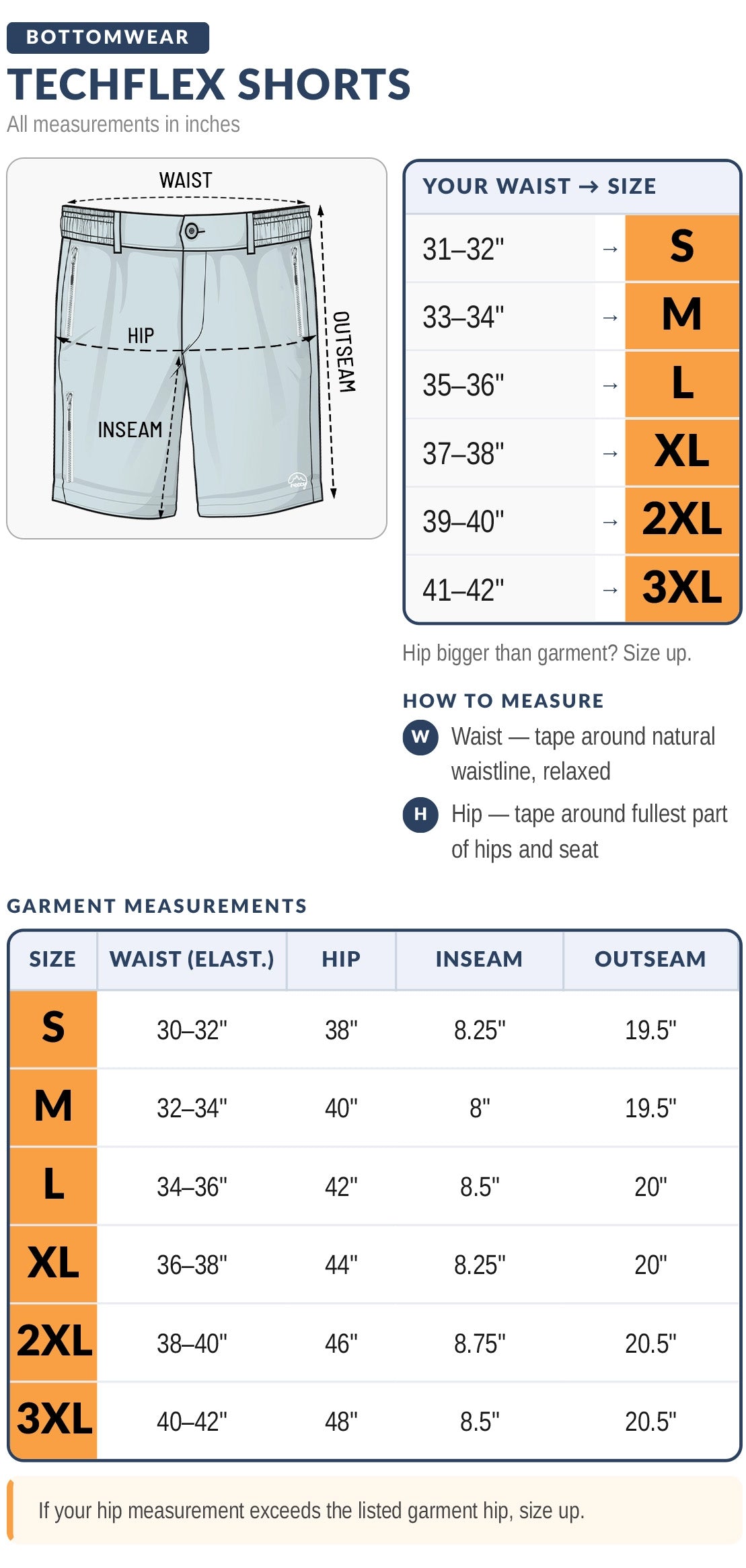 Reccy Men's TechFlex Shorts size chart
