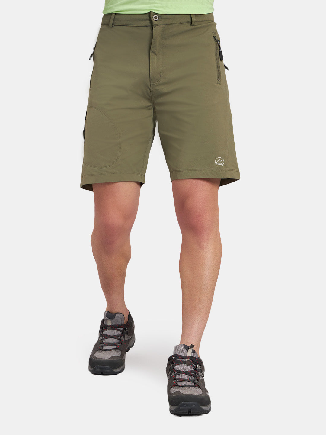 Reccy Men's TechFlex Shorts in Trail Green, worn, front view