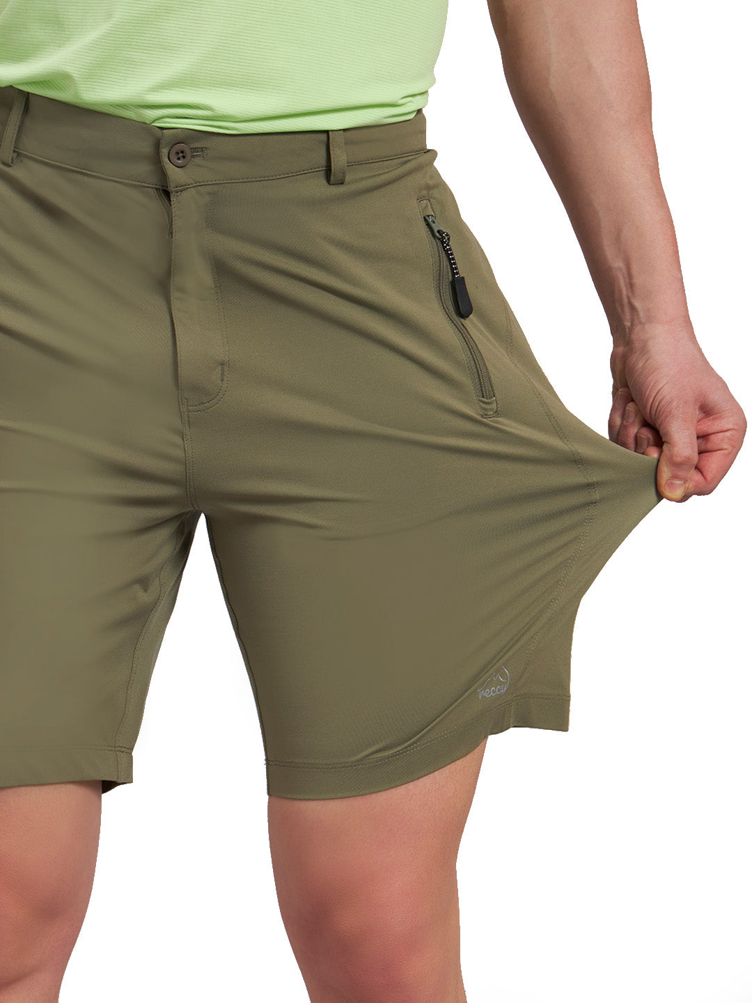 Reccy Men's TechFlex Shorts in Trail Green, stretch fabric detail