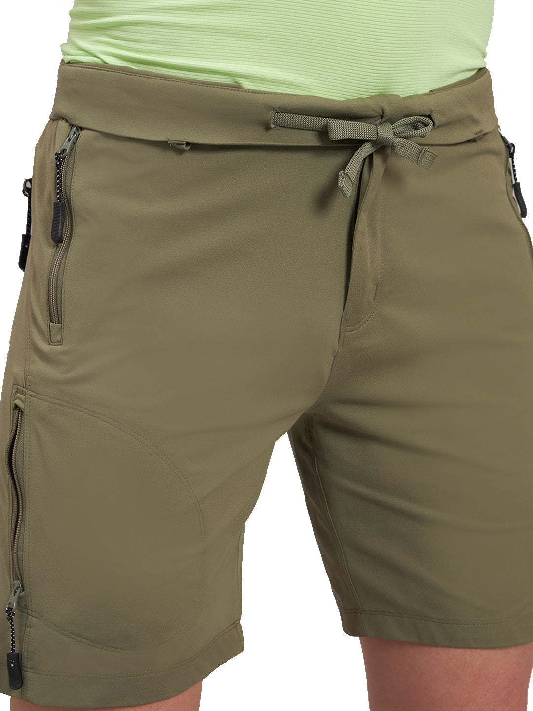 Reccy Men's TechFlex Shorts in Trail Green, waistband and drawstring detail