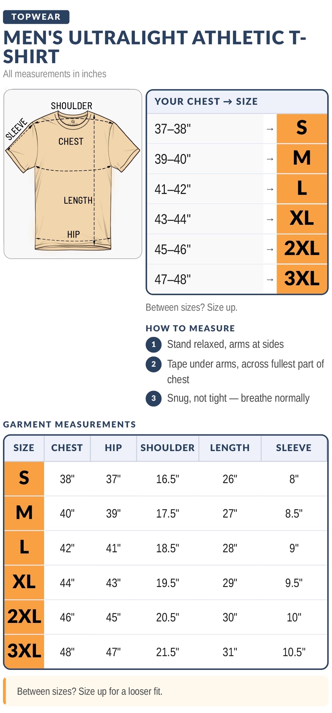 Reccy Men's Ultralight Athletic T-Shirt size chart