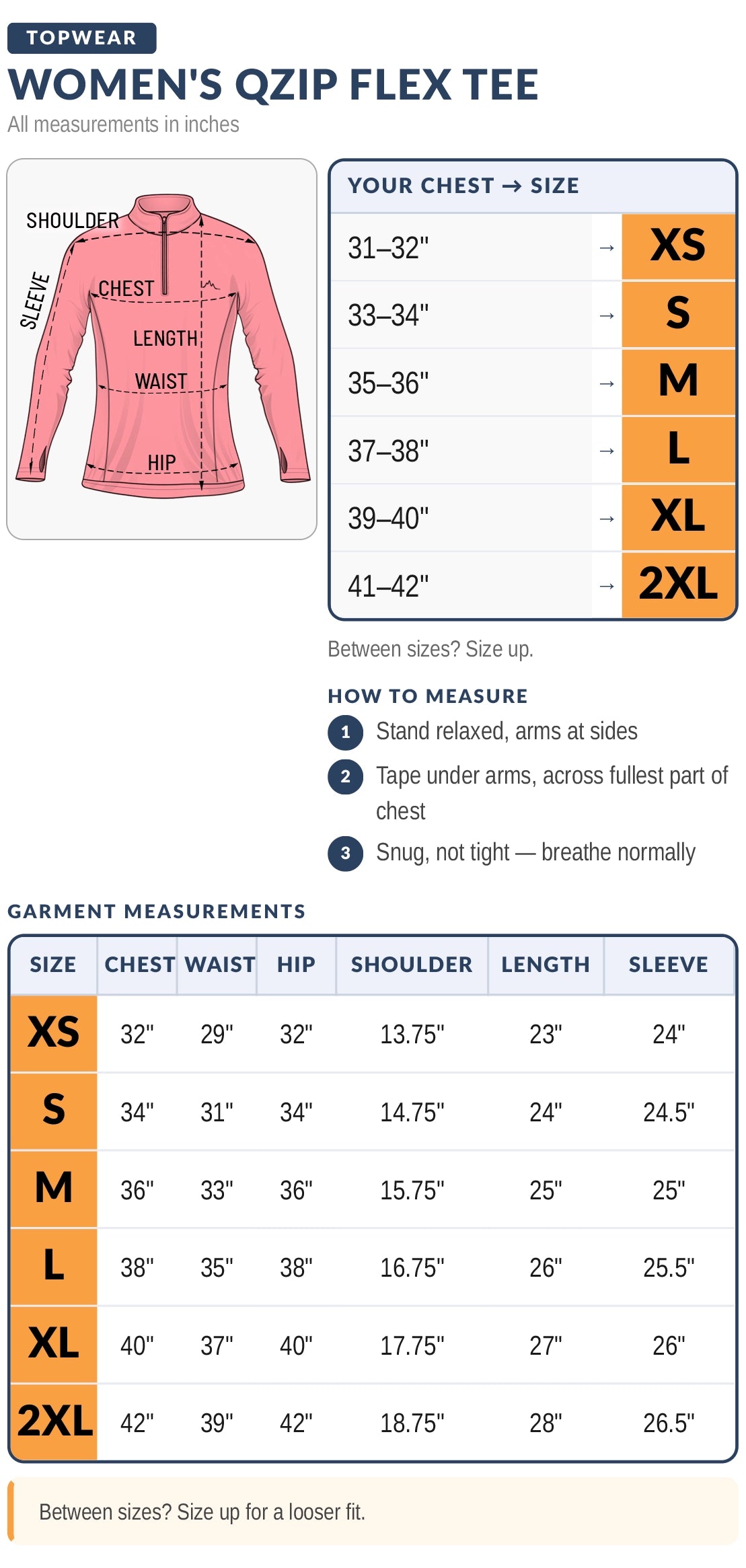 Reccy Women's Qzip Flex Tee size chart