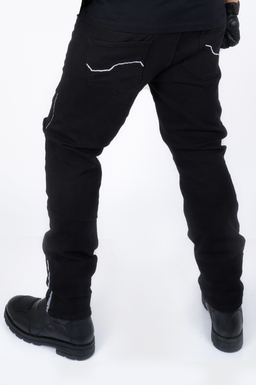 Genesis 2.0 Riding Jeans Jet Black, rear view showing reflective piping