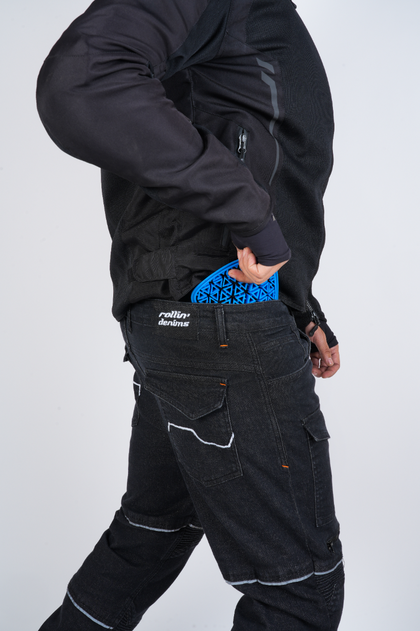 Outlaw riding cargo hip armour pocket detail
