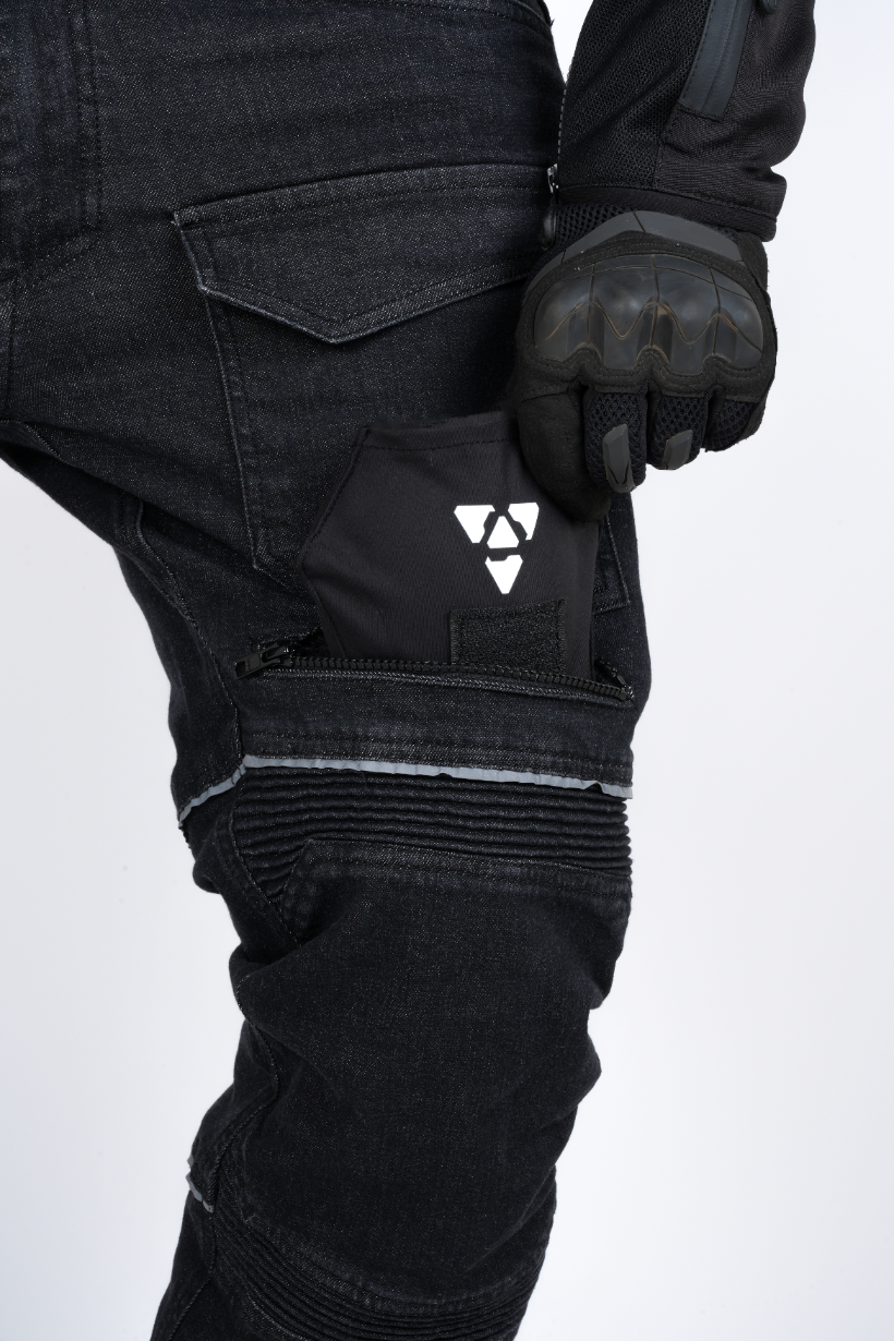 Outlaw riding cargo accordion knee panel and reflective piping detail
