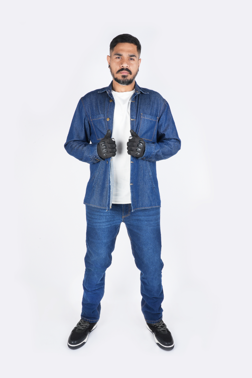 Rollin'Denims Shadow 2.0 Dark Blue riding jeans, full front worn view