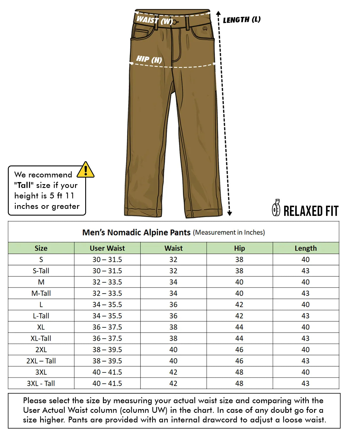 Nomadic Alpine Pants size chart