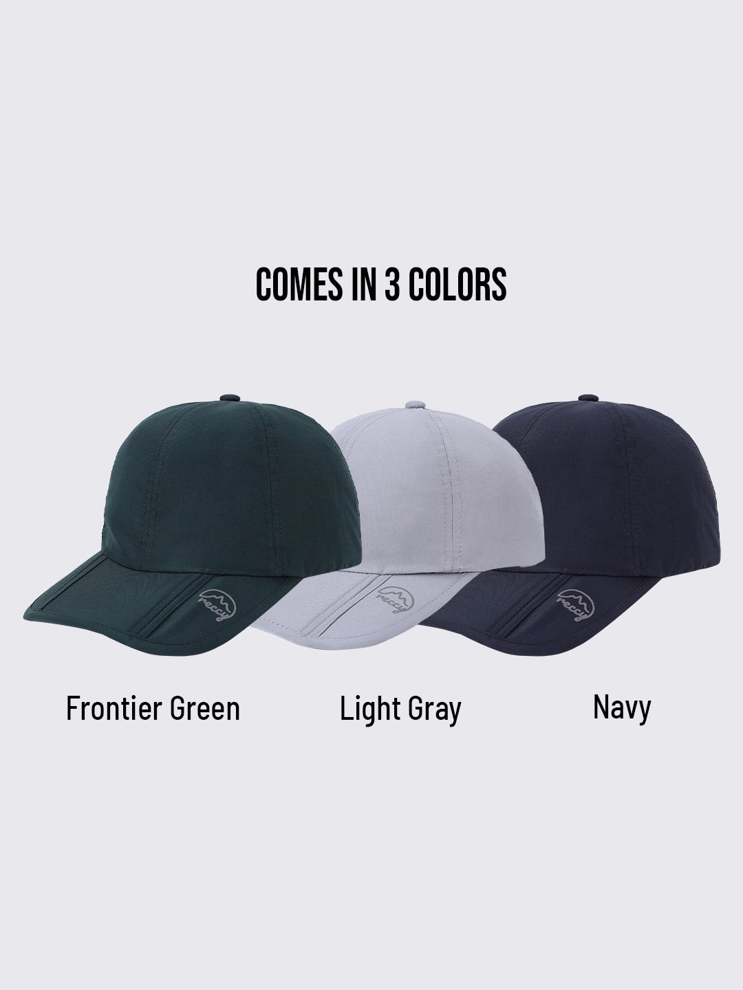 Reccy TrailTuck Cap color options, Frontier Green, Light Gray, and Navy