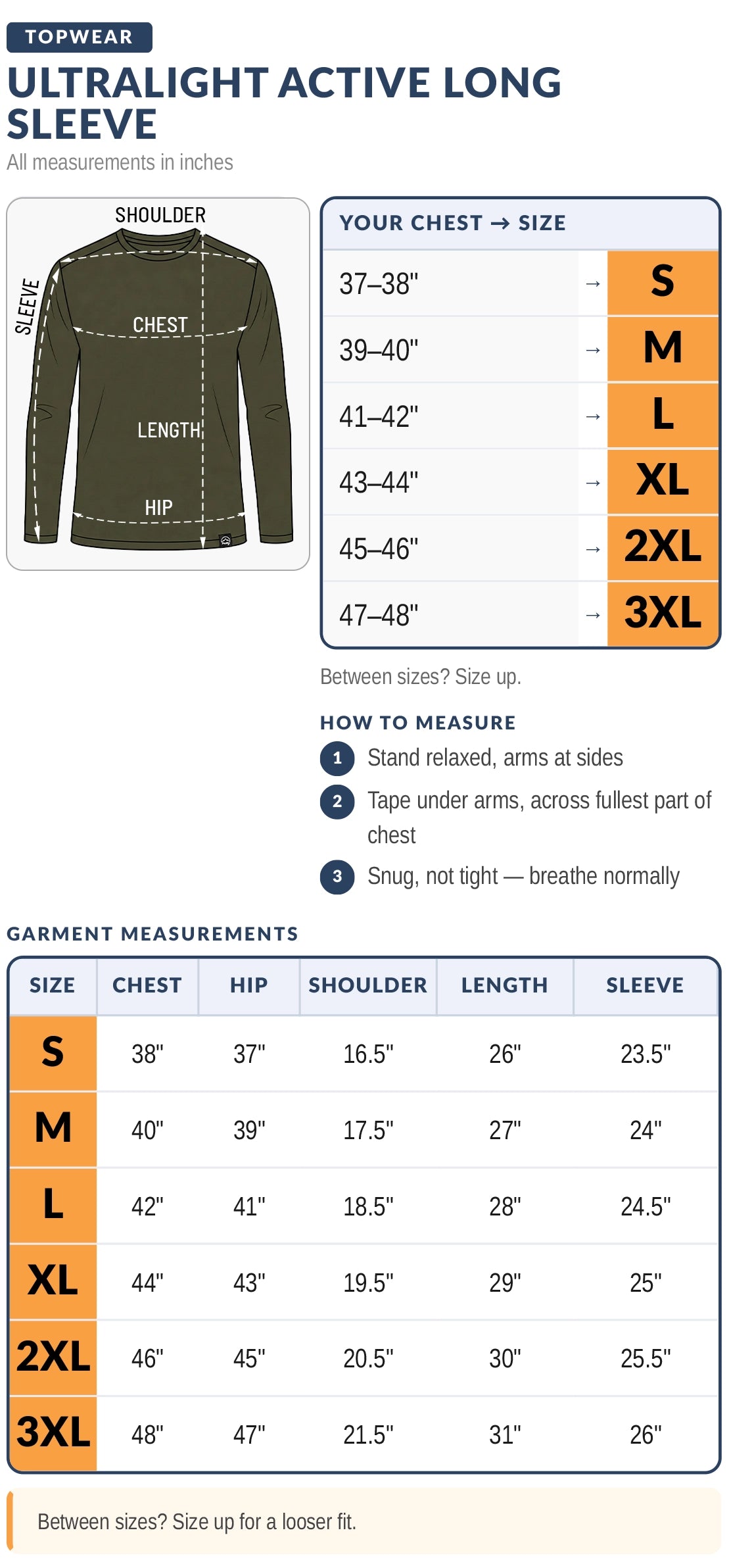 Ultralight Active Long Sleeve T-Shirt size chart
