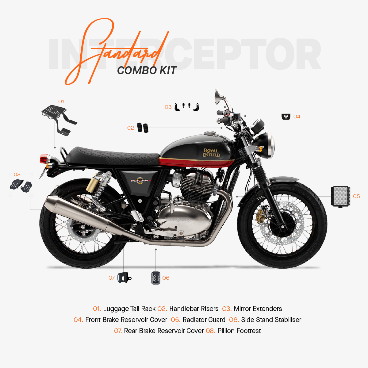 The Standard Combo Kit of 8 Accessories for Royal Enfield Interceptor 650