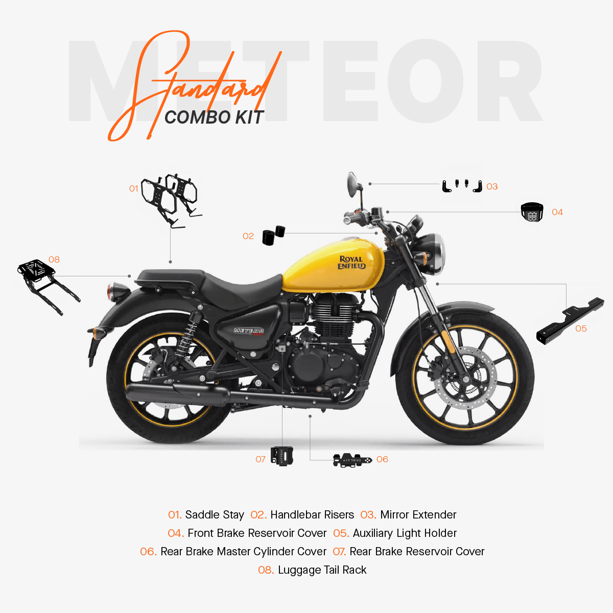 The Standard Combo Kit of 8 Accessories for Royal Enfield Meteor 350